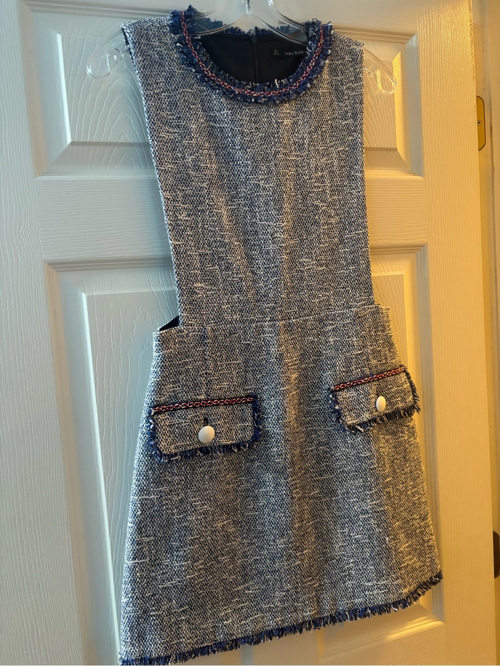 Zara Sleeveless Tweed  Mini Dress in Blue and White with Fringe Trim Size Small